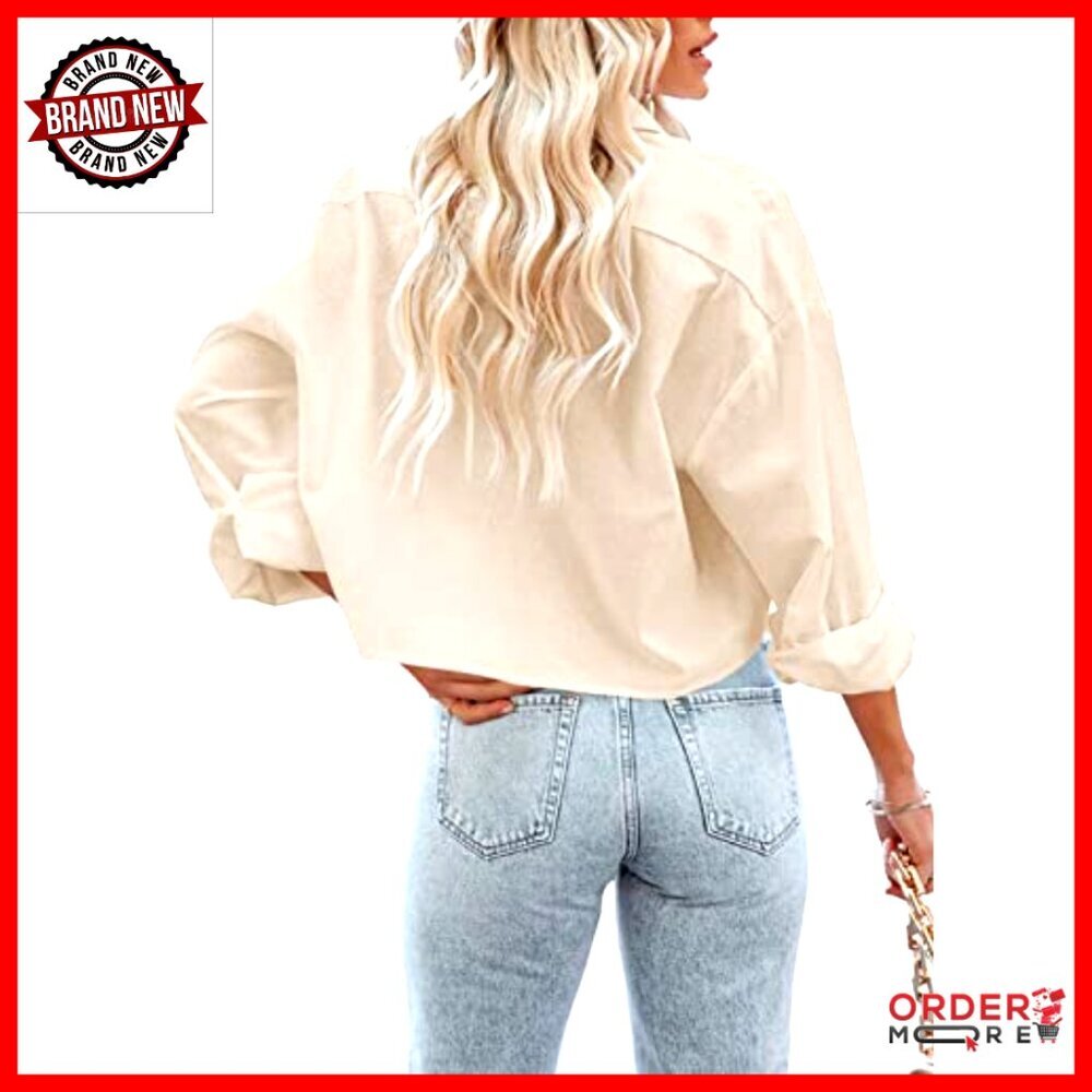 Long Sleeve Button Down Crop Top with Chest Pocket, 100% Cotton - Picture 3 of 7